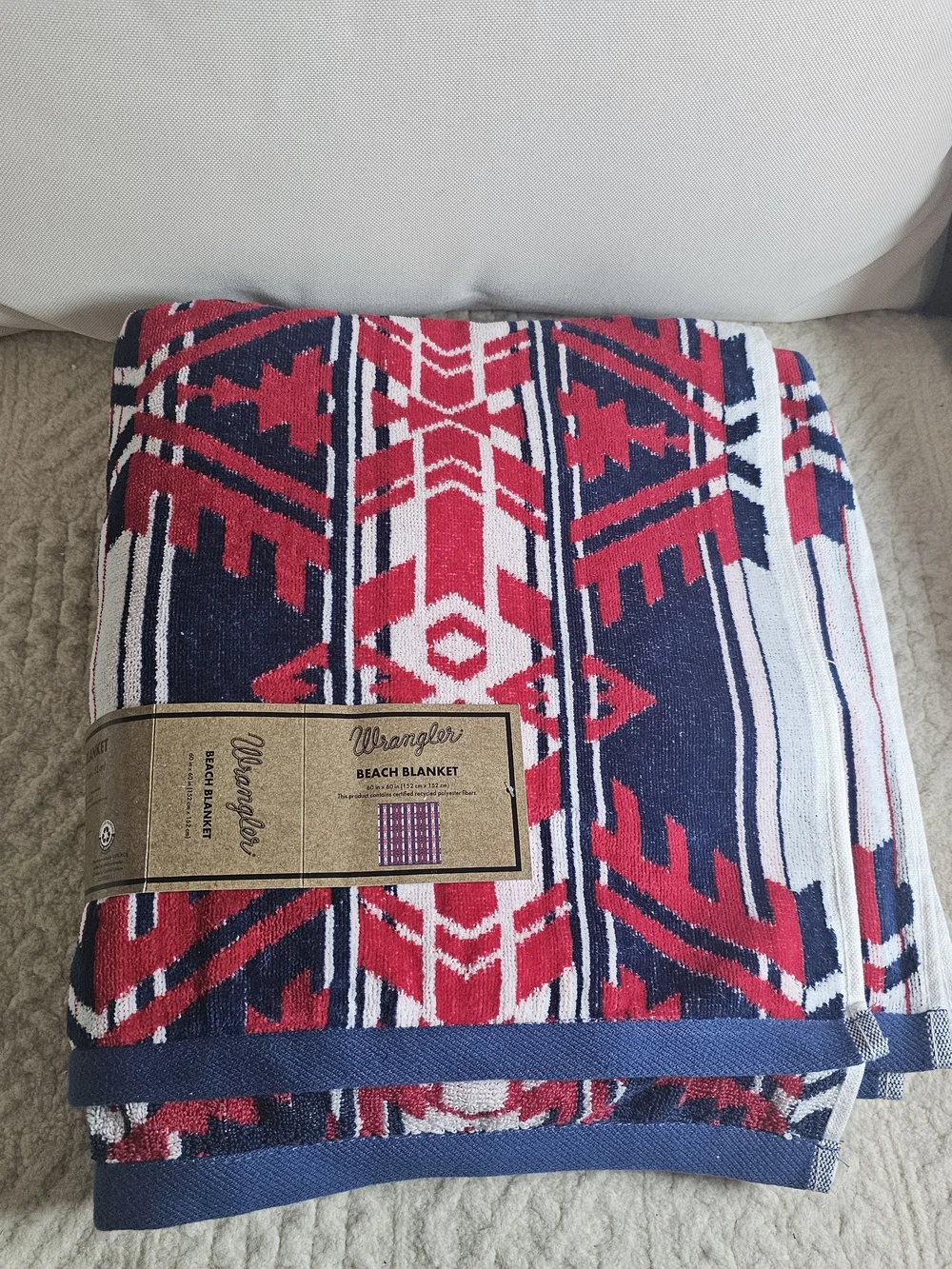 Wrangler Red Navy Southwestern Pattern Beach Blanket Towel New 60x60